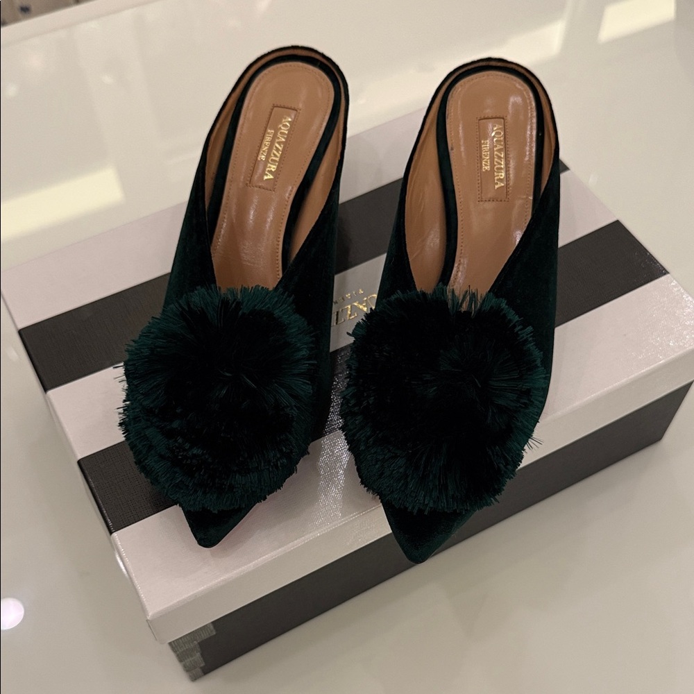 Aquazzura Emerald Green Velvet Pom-Pom Pointed Mules